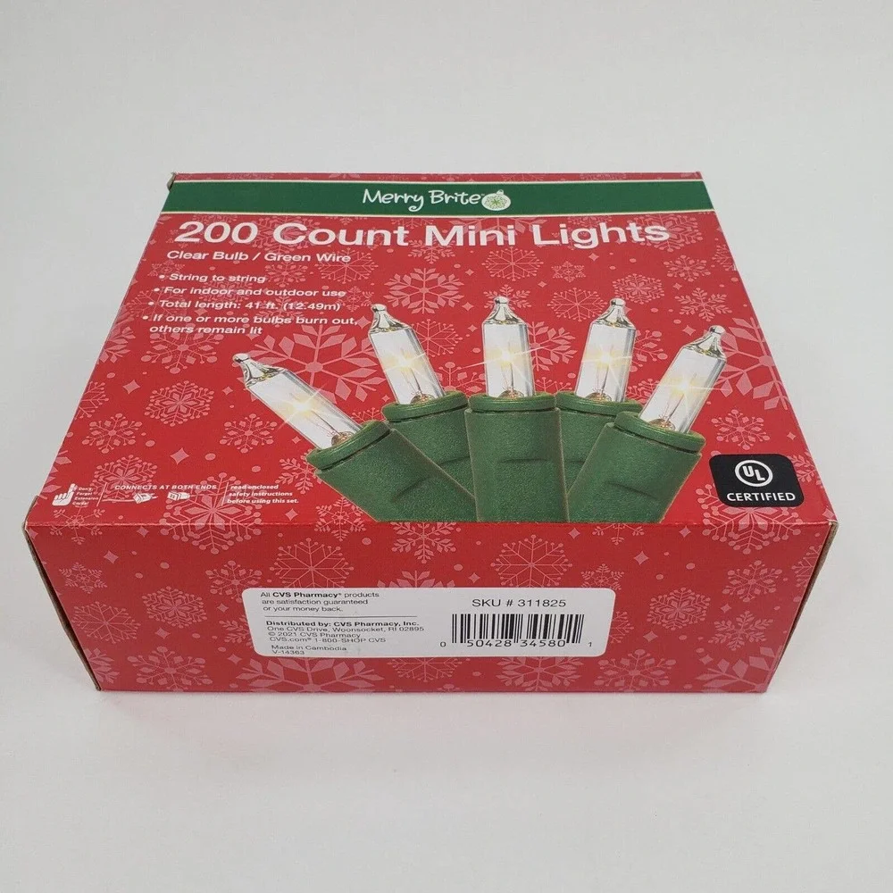 Merry Brite 200 Count Mini Lights Clear Bulb Green Wire Christmas Indoor Outdoor